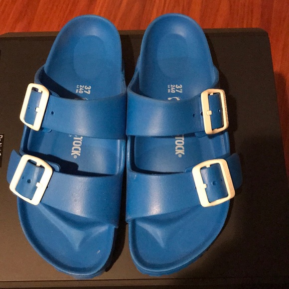blue plastic birkenstocks